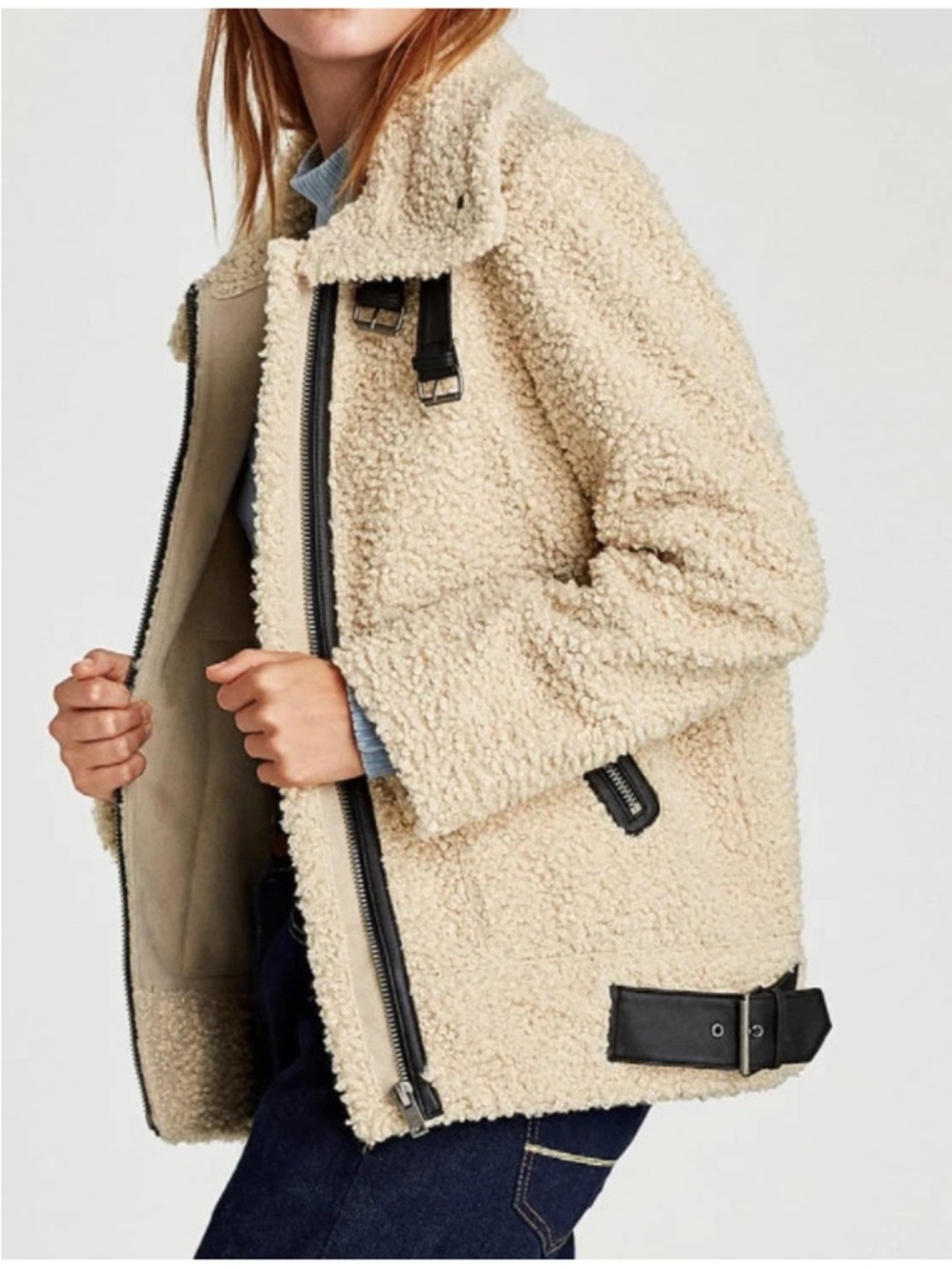 ZARA Shearling Faux Fur Teddy Aviator Moto Jacket Coat High Collar LIKE NEW - Picture 10 of 16